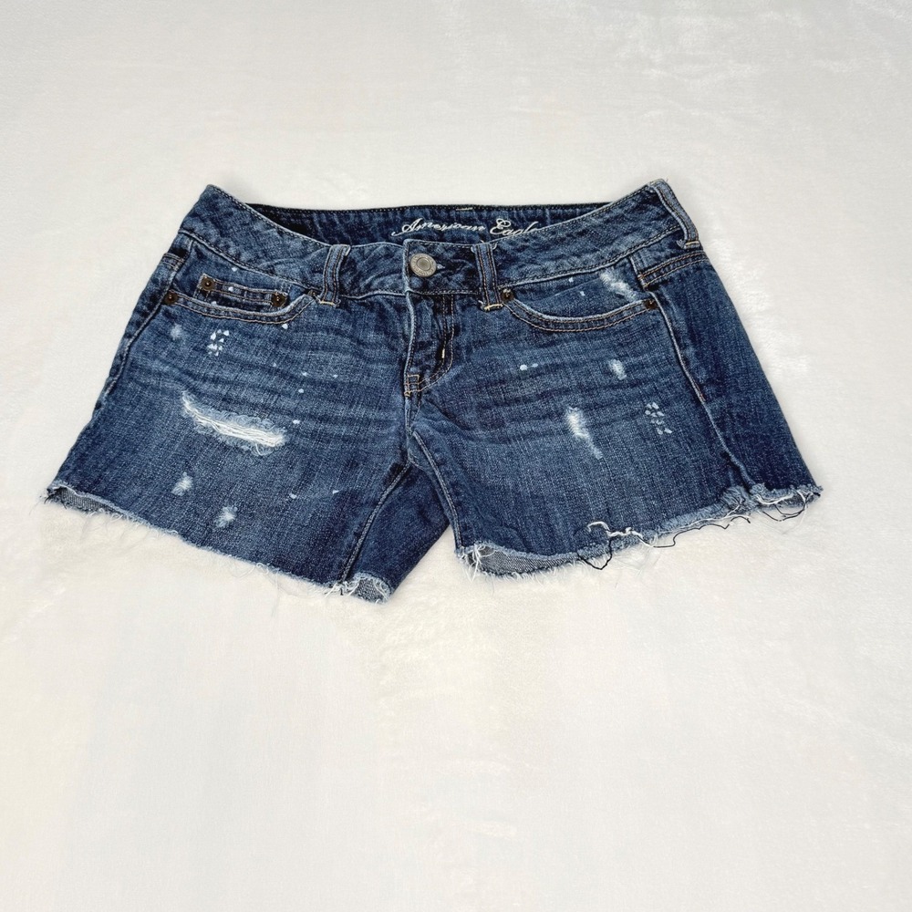 American Eagle Distressed Denim Cutoff Shorts Women's Size 0 Blue Low Rise